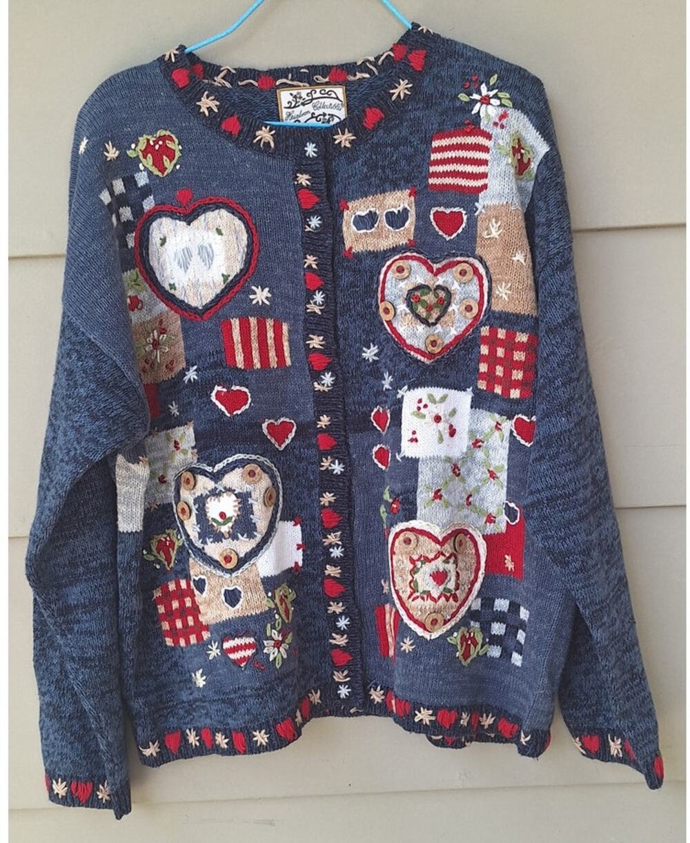 Heirloom Collectibles Americana Red White Blue USA Hearts Valentines Cardigan L
